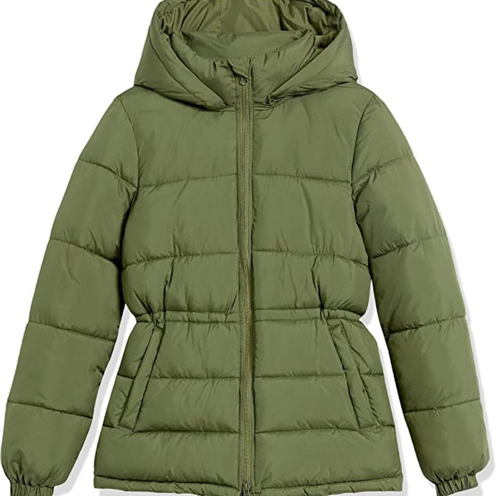 NEW Amazon Essentials Womens Heavyweight Puffer Jacket with Drawstring Waist Lg